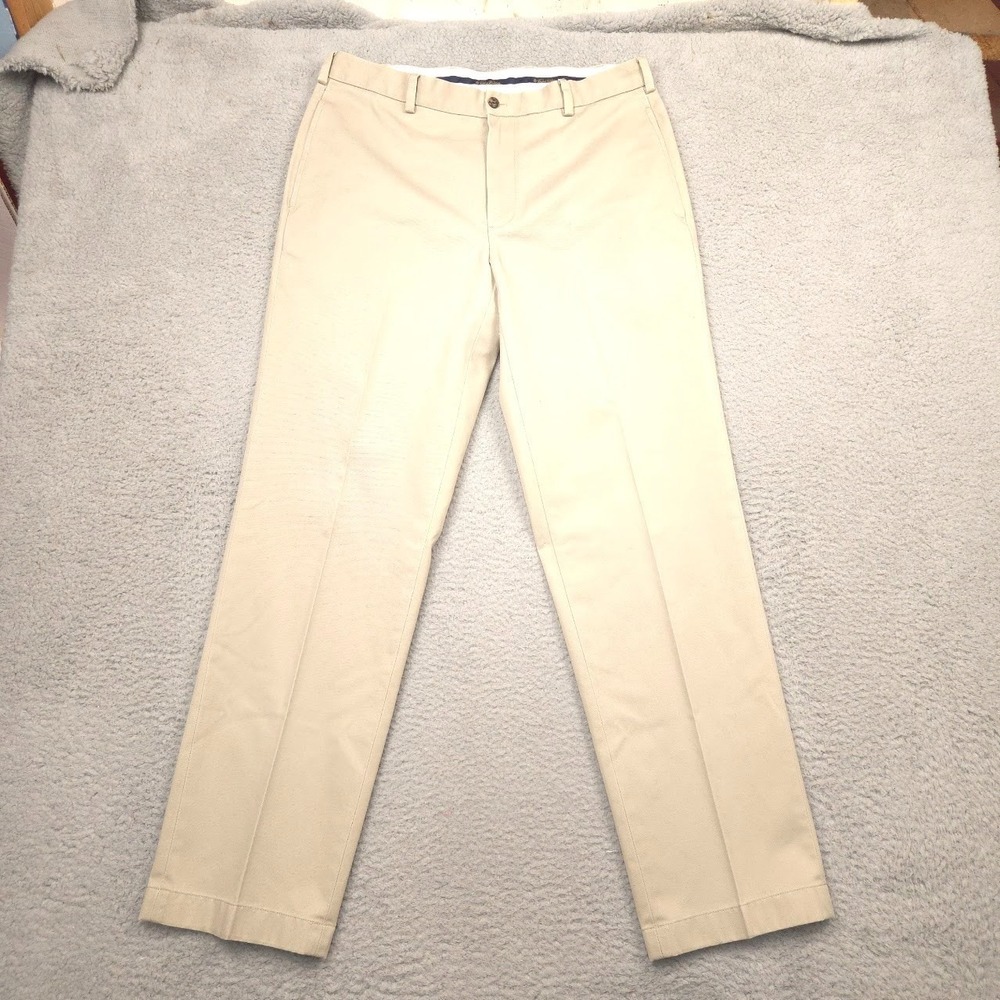 Brooks Brothers Advantage Chino Clark Flat Front Pants Cotton Mens W35 L32 Khaki
